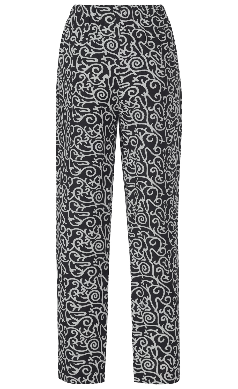 Viskose-Hose in Schwarz mit elastischem Bund, geradem Schnitt und weißem, verschnörkeltem Muster über die gesamte Hose verteilt.