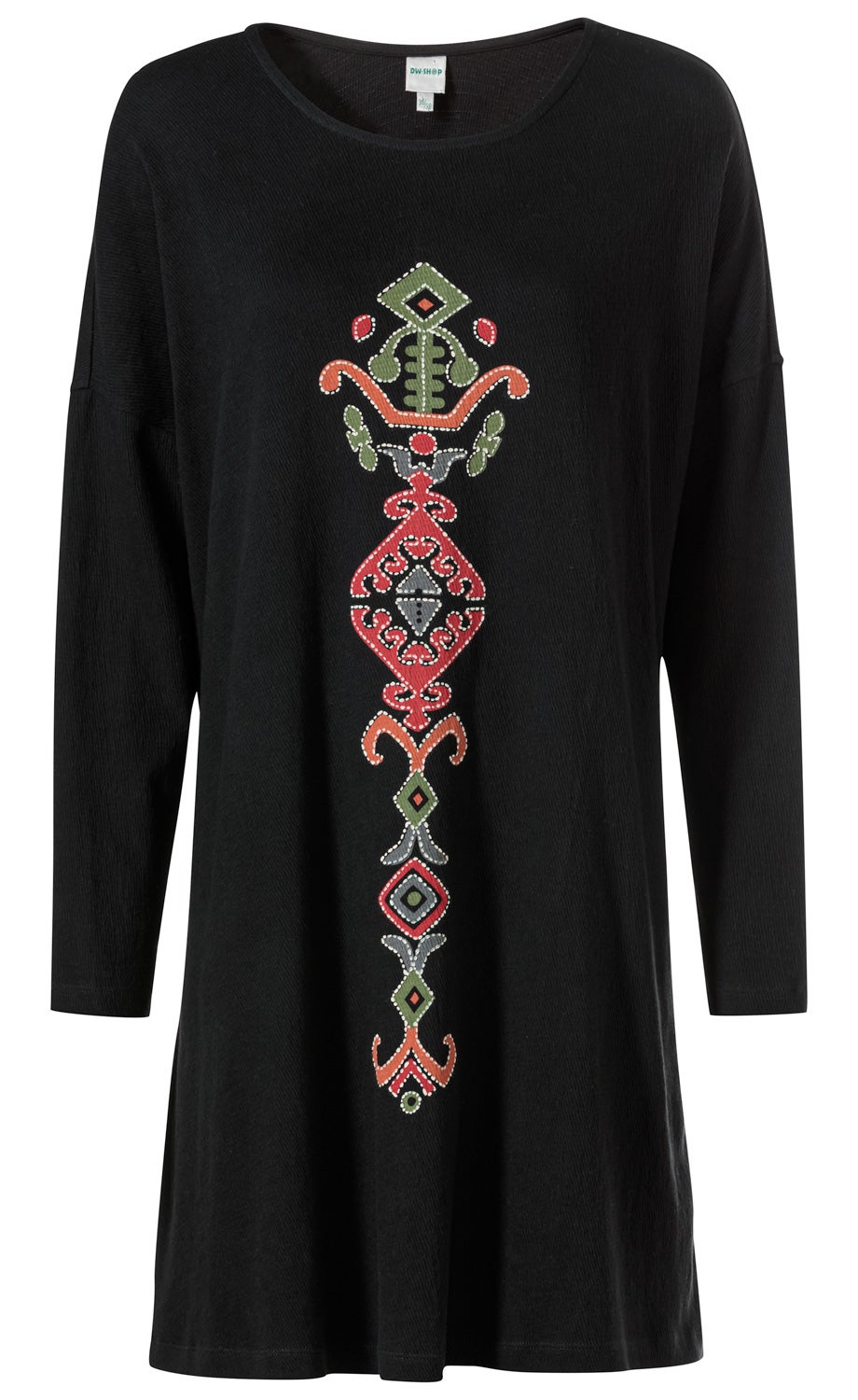 schwarzes Baumwoll-Mix-Shirt mit langem Arm und rundem Ausschnitt, vorne mittig vertikal angeordnetes, buntes ethnisches Muster in grün, rot, orange und grau