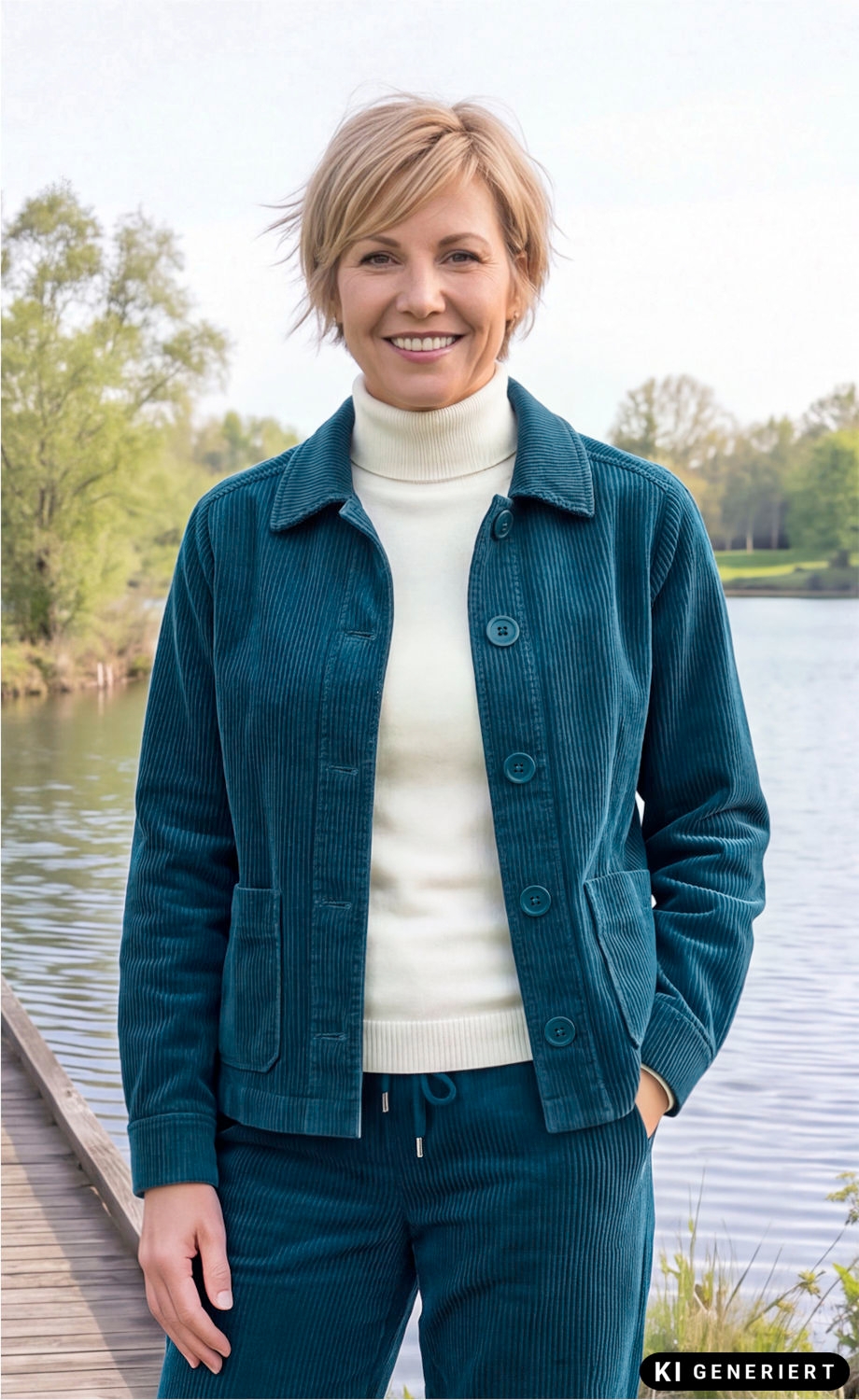 Frau mit kurzen blonden Haaren lächelnd, trägt eine petrolfarbene Baumwoll-Cord-Jacke mit Knöpfen, cremefarbenen Rollkragenpullover, im Freien an einem See mit Bäumen im Hintergrund.