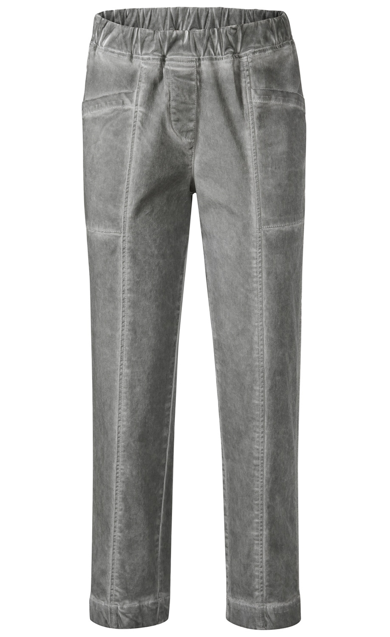 Graue Baumwoll-Mix Hose mit elastischem Bund, geradem Schnitt, sichtbaren Nähten und seitlichen Eingrifftaschen, Vorderansicht auf weißem Hintergrund