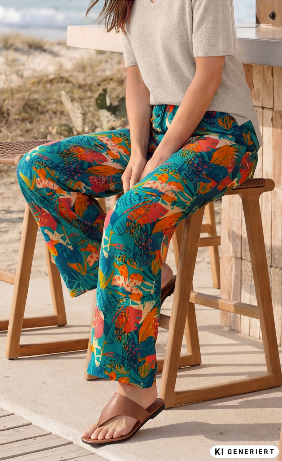 Frau sitzt auf einem Holzstuhl am Strand, trägt bunte Viskose-Hose mit abstraktem Muster in Blau, Orange und Rot, cremefarbenes Kurzarm-Pullover, braune Sandalen, entspannte Sommerstimmung