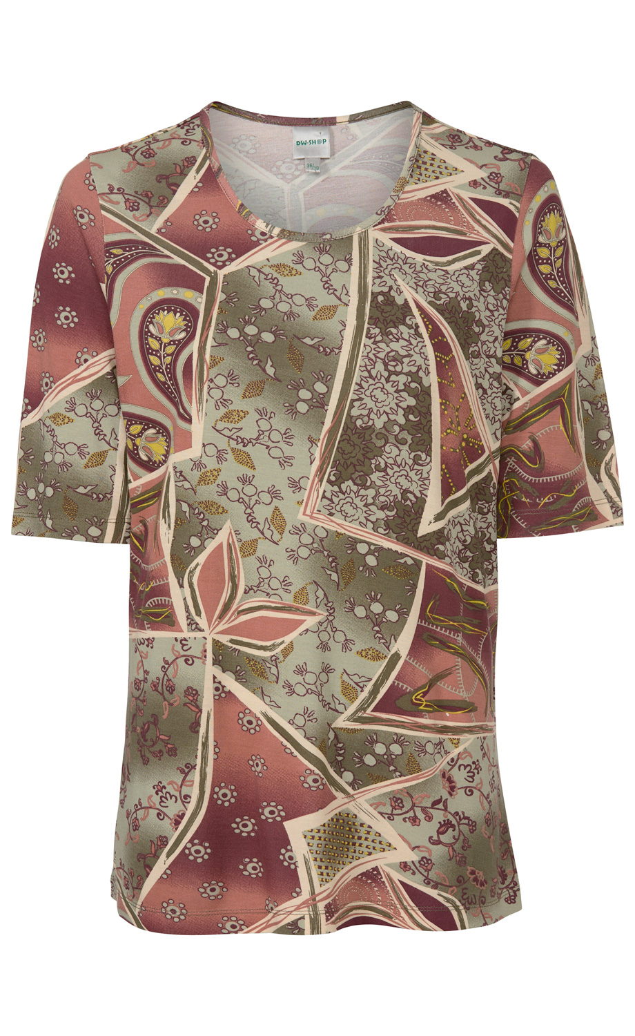 Viskose-Shirt mit kurzem Ärmel, Rundhalsausschnitt, abstraktem Patchwork-Muster in Beige, Rosé, Olivgrün und Dunkelrot mit floralen und paisleyartigen Elementen, leichte, glatte Stofftextur