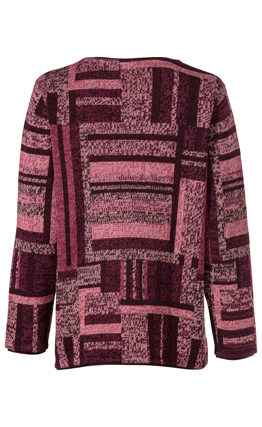 Baumwoll-Pullover aus grobem Strick mit geometrischem Muster in verschiedenen Rosatönen und Bordeaux, langärmlig, Rückansicht, gerade geschnitten.