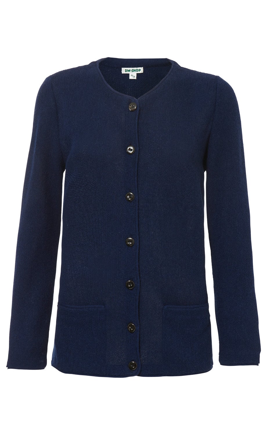 Dunkelblaue Alpaka-Strickjacke mit rundem Ausschnitt, durchgehender Knopfleiste und zwei Taschen vorne, langärmlig, schlichtes Design, feines Strickmuster, Größe 36/38