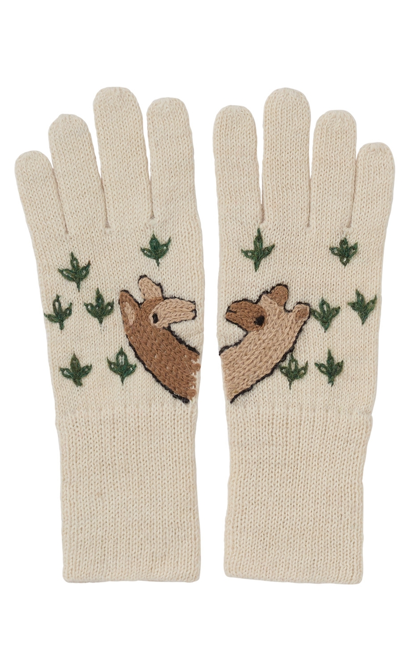 Beige gestrickte Handschuhe mit grünen Blättern und braunen Lama-Stickereien auf den Handrücken, offene Bündchen, fünf Finger, symmetrisches Paar, natürliche Wollstruktur