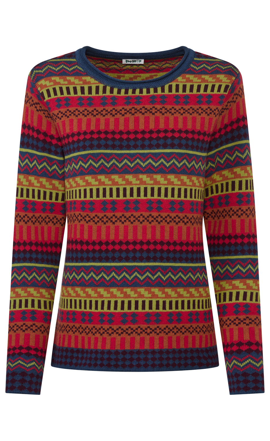 bunt gemusterter Pullover mit langem Arm, Rundhalsausschnitt, geometrischen und Zickzack-Mustern in Rot, Gelb, Blau, Grün und Orange, Stoffetikett mit Aufschrift DW-SHOP am Kragen sichtbar