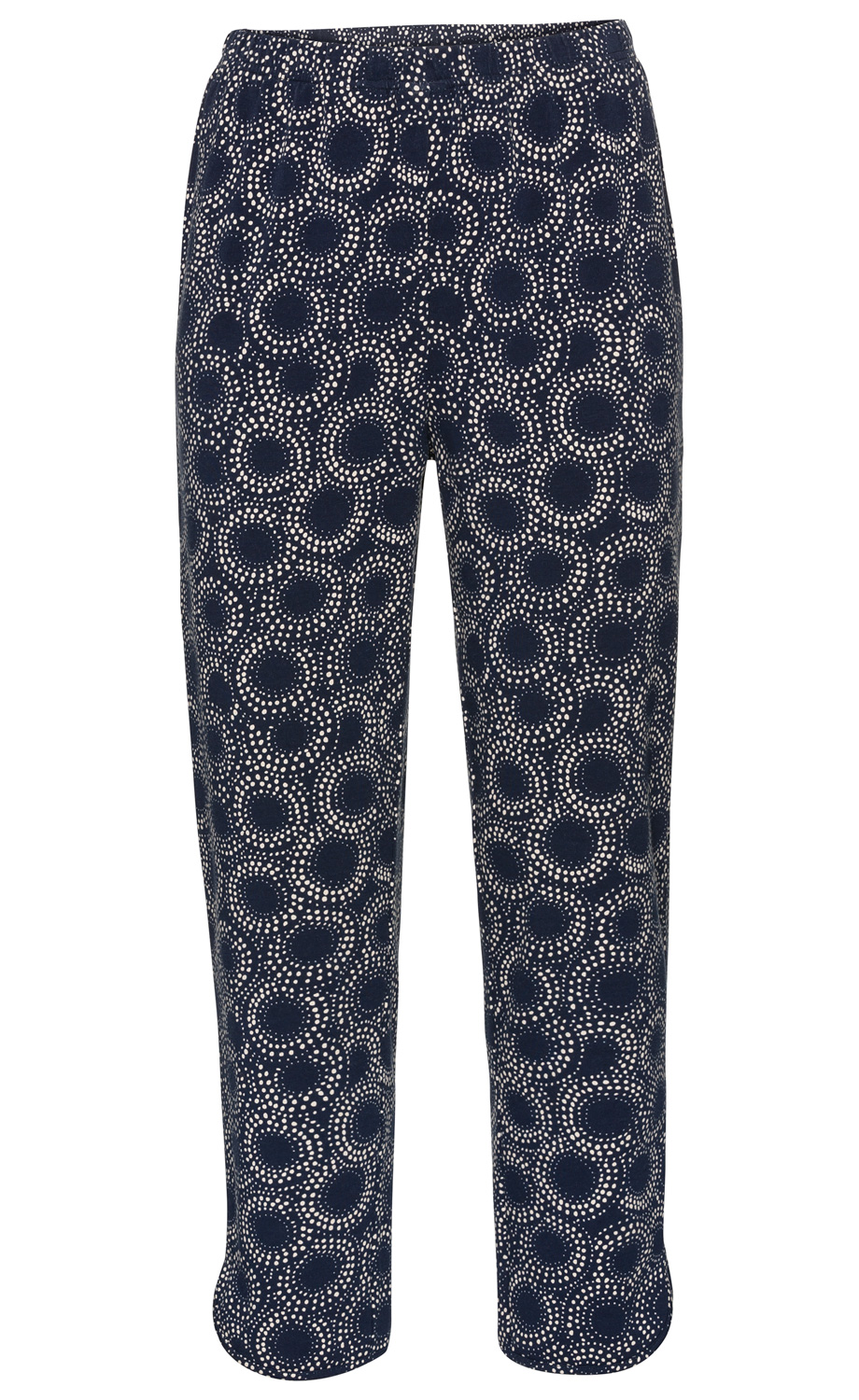 Dunkelblaue Baumwoll-Mix-Hose mit elastischem Bund und weißem Punktmuster in kreisförmiger Anordnung, gerade geschnitten, knöchellang