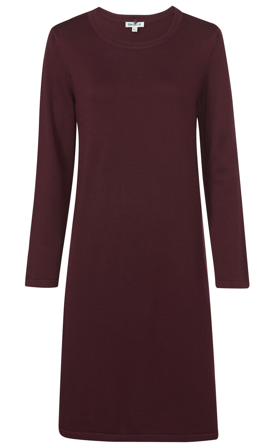 Baumwoll-Mix-Kleid in dunkelrot, langärmelig, rundhalsausschnitt, gerade geschnitten, knielang, schlichte und einfarbige Ausführung