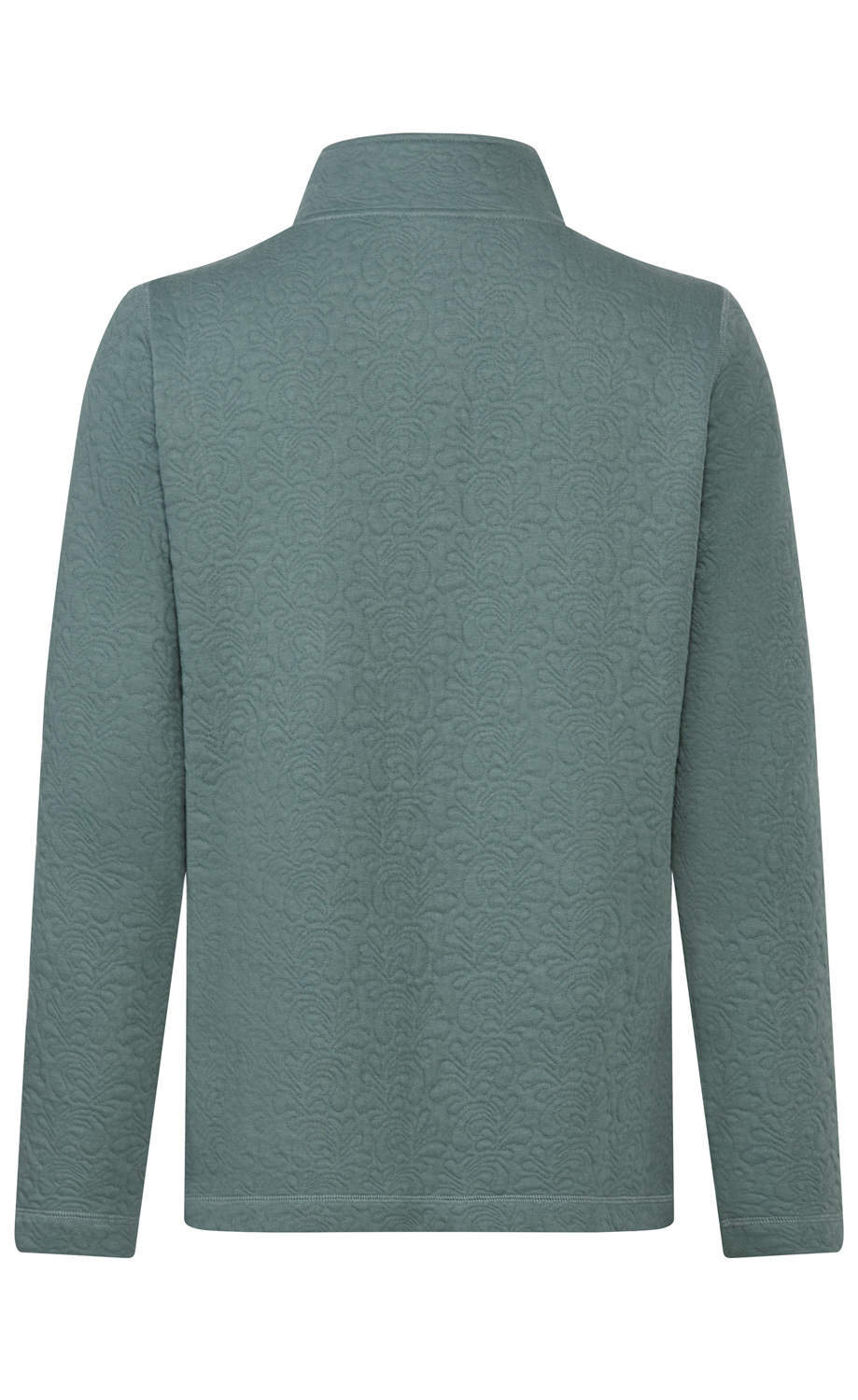 grünblauer Damenpullover mit langem Arm, Stehkragen und floralem Jacquard-Muster, Rückansicht, durchgehendes feines Reliefmuster auf dem Stoff, gerader Schnitt