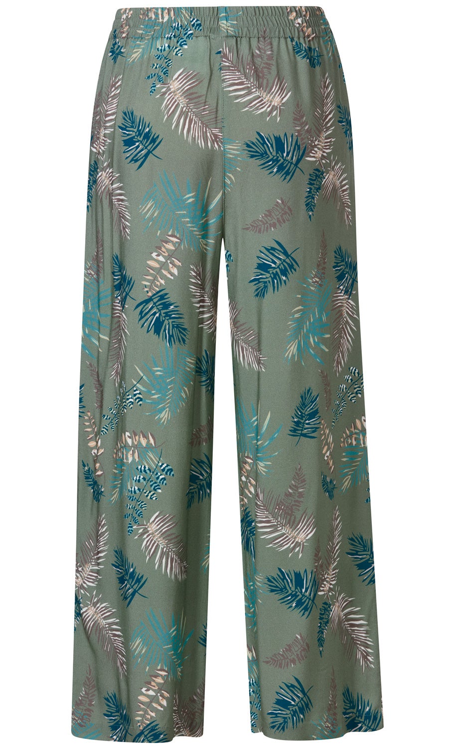 Viskose-Hose in grün mit elastischem Bund, weitem Bein und allover Muster aus blauen und beige Palmblättern