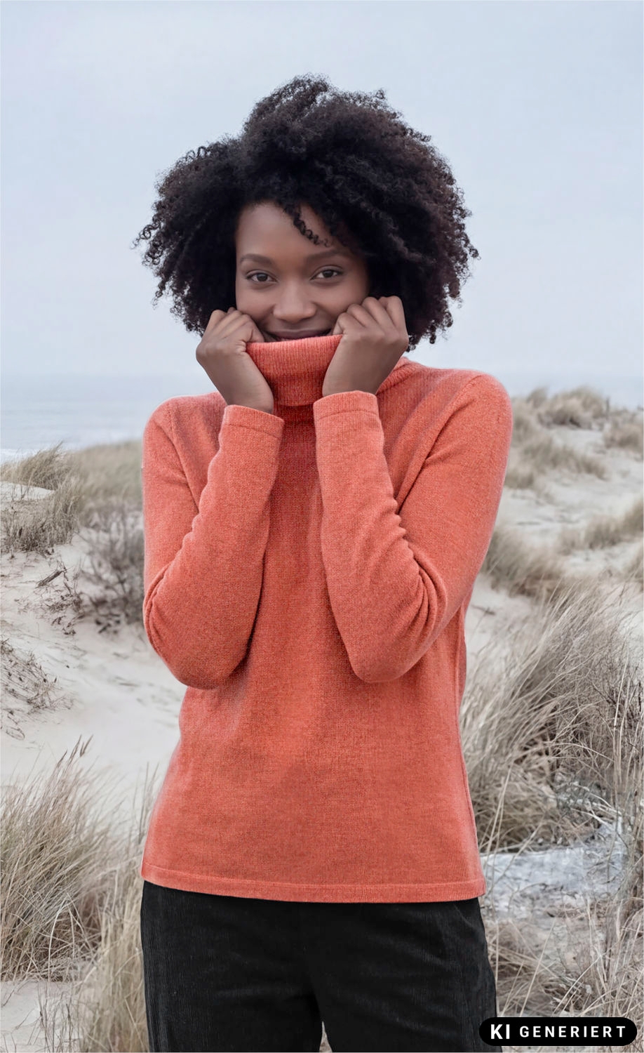 Frau mit lockigem Haar trägt einen orangefarbenen Kaschmir-Pullover mit Rollkragen, hält den Kragen nah ans Gesicht, steht am Strand mit sandigen Dünen und trockenem Gras im Hintergrund bei bewölktem Himmel.