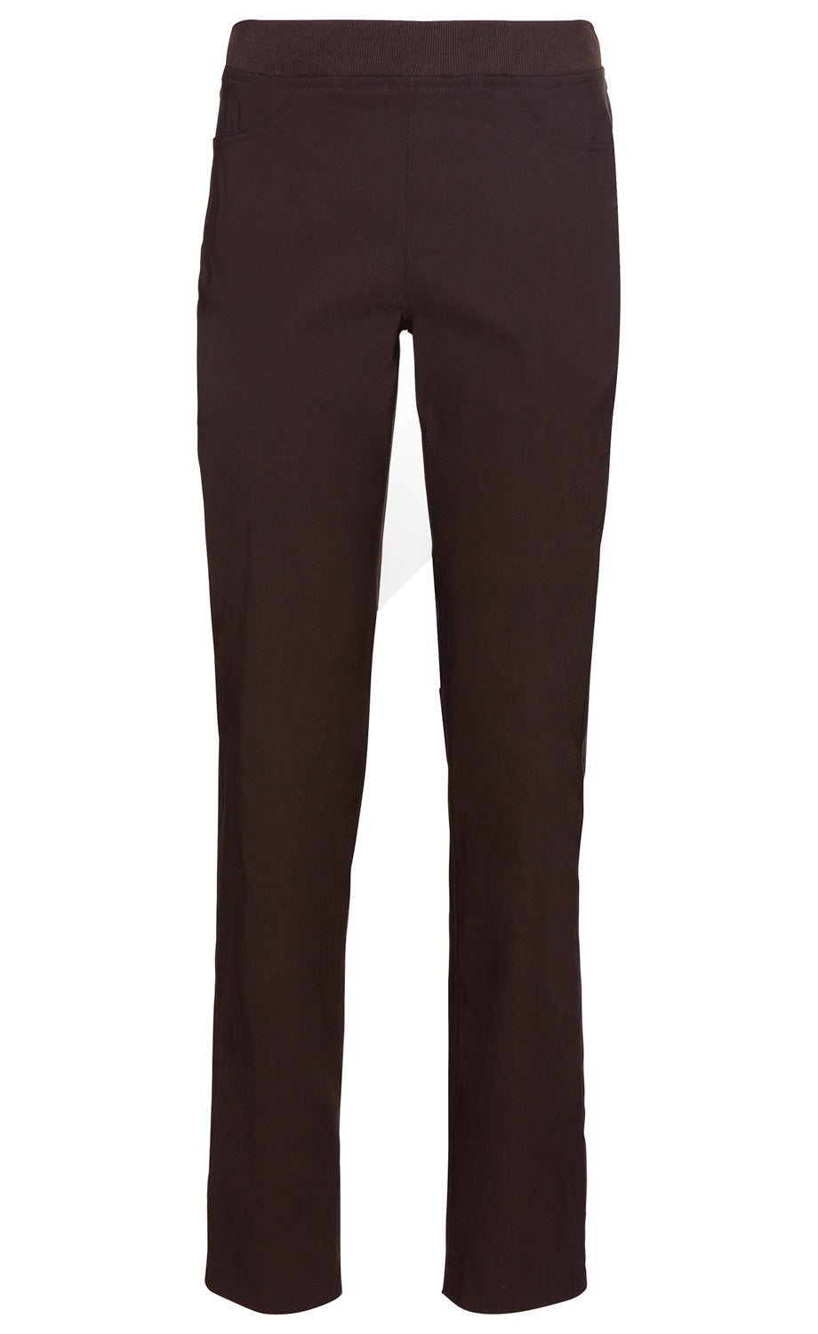 Dunkelbraune Viskose-Mix-Hose, gerade geschnitten, mit breitem Bund ohne Verschluss, zwei Seitentaschen, glatte Oberfläche, klassische Passform, einfache, elegante Damenhose.