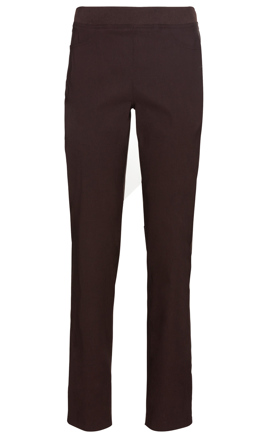 Dunkelbraune Viskose-Mix-Hose, gerade geschnitten, mit breitem Bund ohne Verschluss, zwei Seitentaschen, glatte Oberfläche, klassische Passform, einfache, elegante Damenhose.