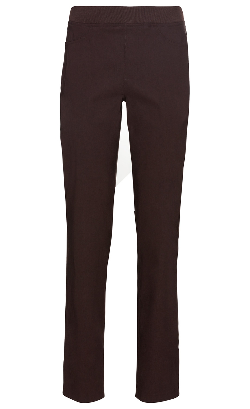 Dunkelbraune Viskose-Mix-Hose, gerade geschnitten, mit breitem Bund ohne Verschluss, zwei Seitentaschen, glatte Oberfläche, klassische Passform, einfache, elegante Damenhose.