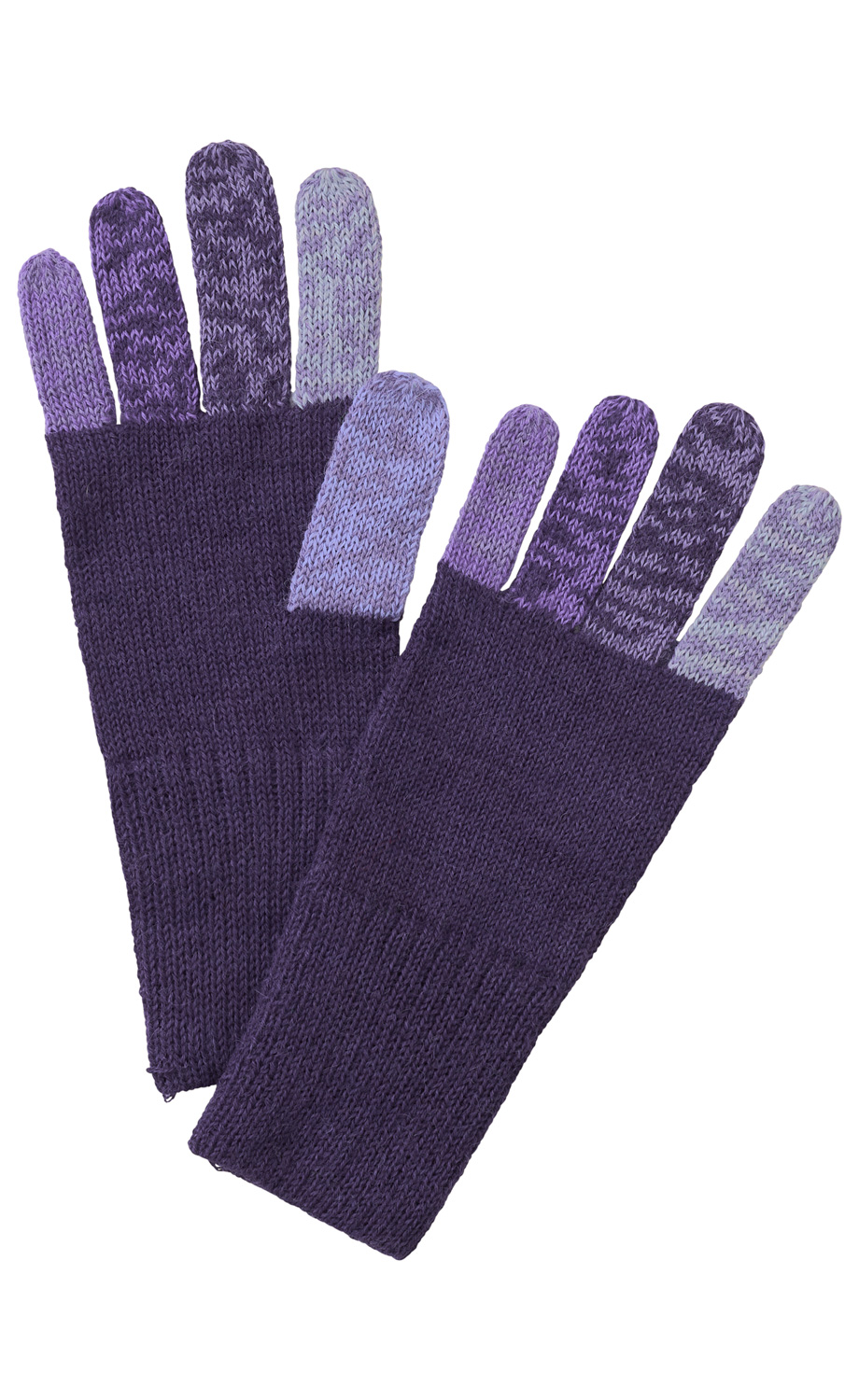 paar warme Strickhandschuhe in verschiedenen Lilatönen, fünf Finger, dicker Strick, Fingerspitzen mehrfarbig gemustert, Handgelenkbereich eng gestrickt
