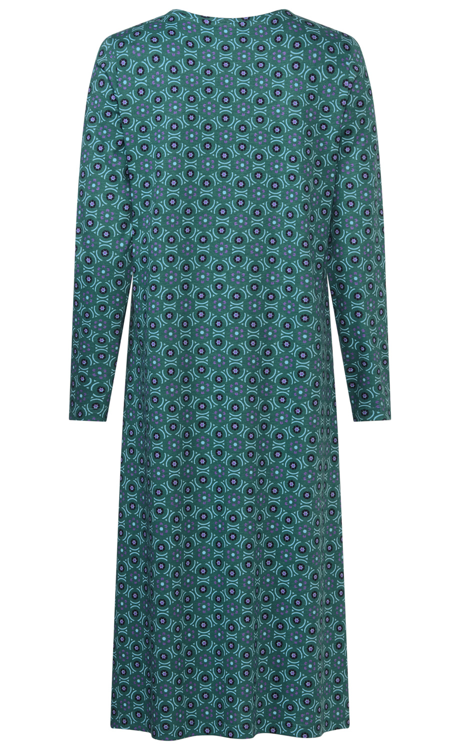 Langes, grün-blau gemustertes Kleid mit langen Ärmeln, Rundhalsausschnitt, Blumen- und Kreisdesign in Blau, Schwarz und Violett, gerade Passform, Rückseite sichtbar, schlicht und ohne zusätzliche Verzierungen