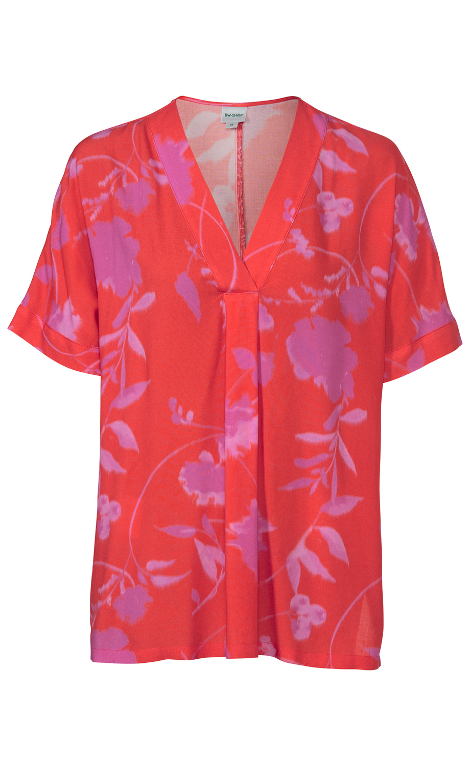 Rote Viskose-Tunika mit kurzen Ärmeln, V-Ausschnitt und pinkem floralen Muster, locker geschnitten, leicht glänzend, Vorderseite mit dezenter Mittelnaht, legere Passform
