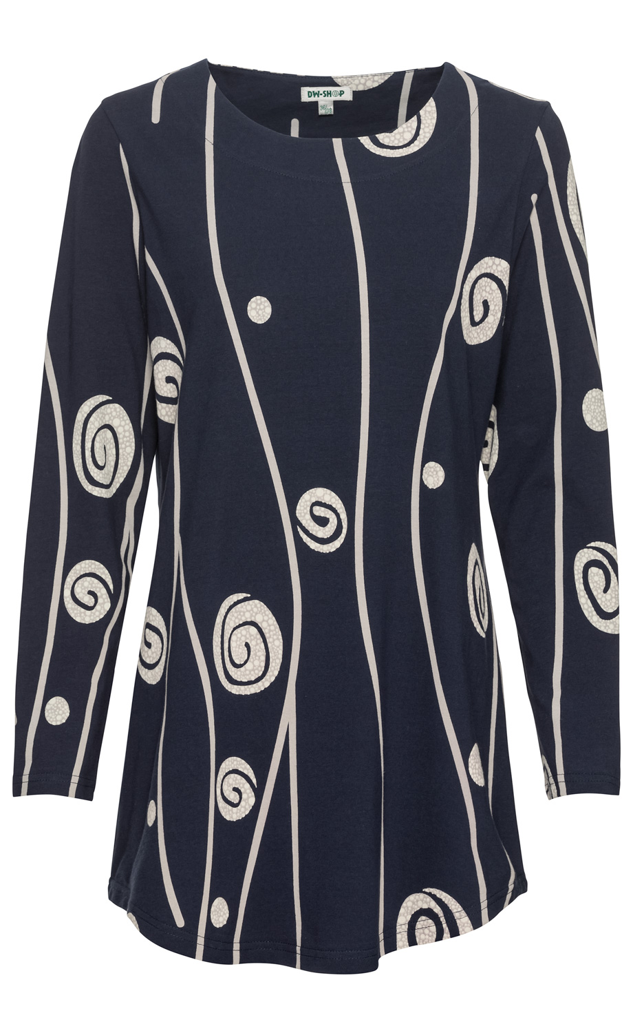 Dunkelblaues Baumwoll-Mix-Shirt mit langen Ärmeln, Rundhalsausschnitt, weißem abstraktem Spiralen- und Linienmuster, locker geschnitten