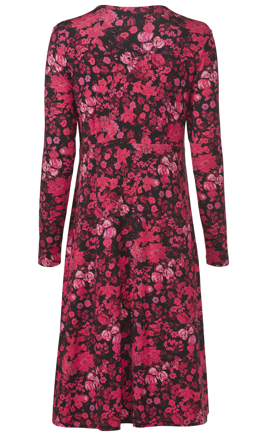 Viskose-Mix-Kleid, Rückansicht, langärmlig, A-Linie, schwarzer Hintergrund mit dichtem floralen Muster in verschiedenen Rottönen und Pink, figurbetonter Schnitt mit leichter Taillierung