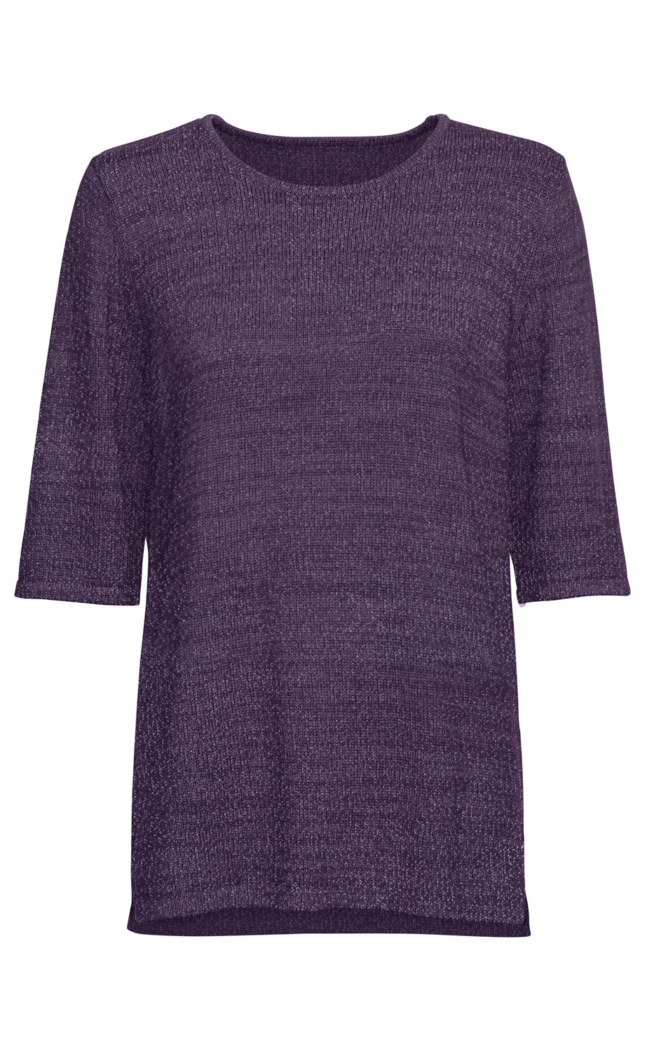 Baumwoll-Pullover in Dunkellila mit Halbarm, rundem Halsausschnitt und feiner Strickstruktur, gerade geschnitten