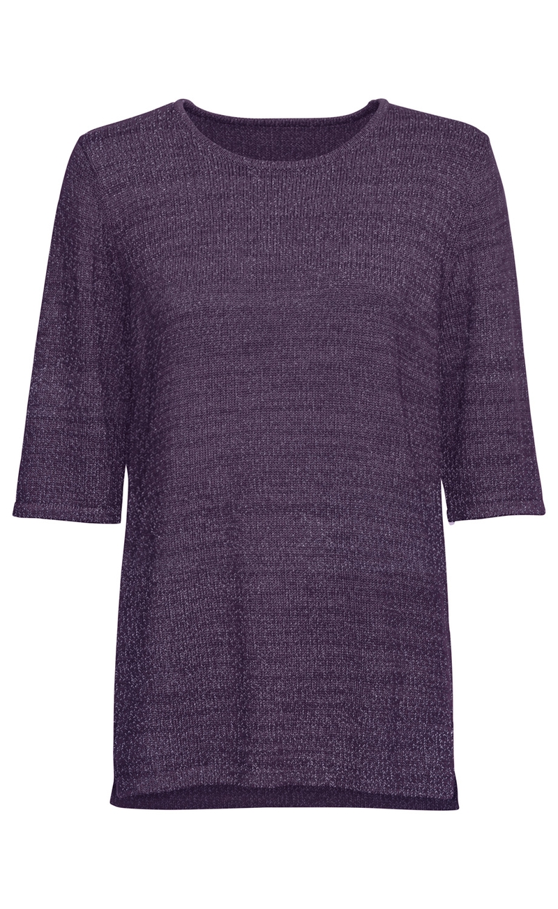 Baumwoll-Pullover in Dunkellila mit Halbarm, rundem Halsausschnitt und feiner Strickstruktur, gerade geschnitten