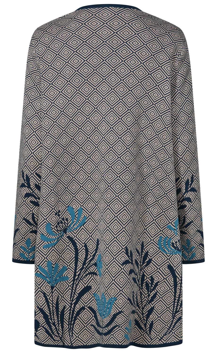 Rückenansicht eines langärmligen Pullovers mit blau-beigen Rautenmuster, unteren Bereich mit blauem Blumenmotiv, Rundhalsausschnitt, gerader Schnitt.
