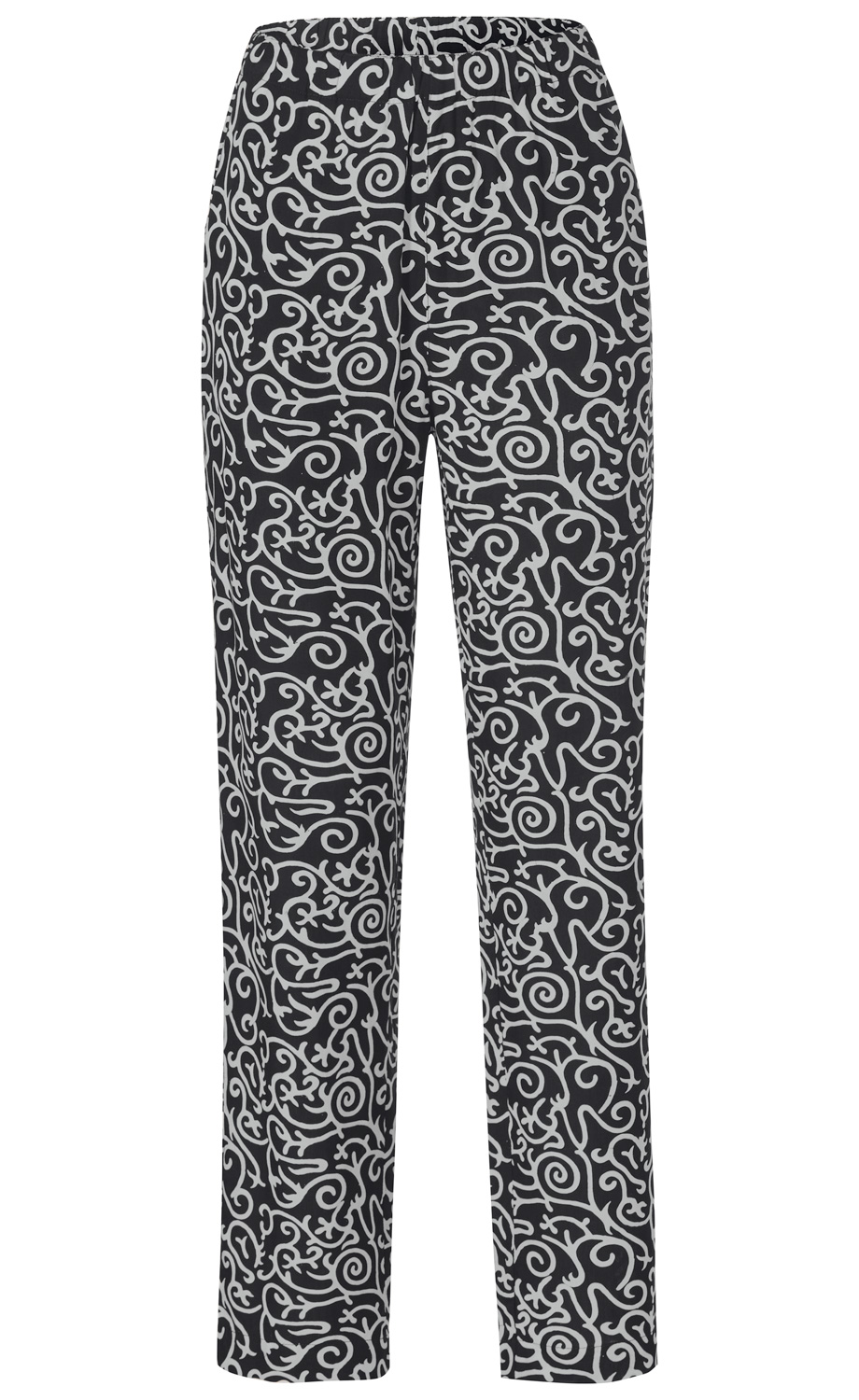 schwarze Viskose-Hose mit lässigem Schnitt, elastischem Bund, allover weißem abstraktem Ornamentmuster, gerader Beinverlauf