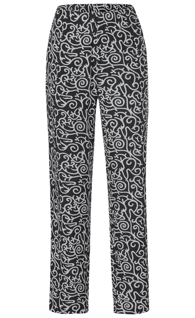 schwarze Viskose-Hose mit lässigem Schnitt, elastischem Bund, allover weißem abstraktem Ornamentmuster, gerader Beinverlauf