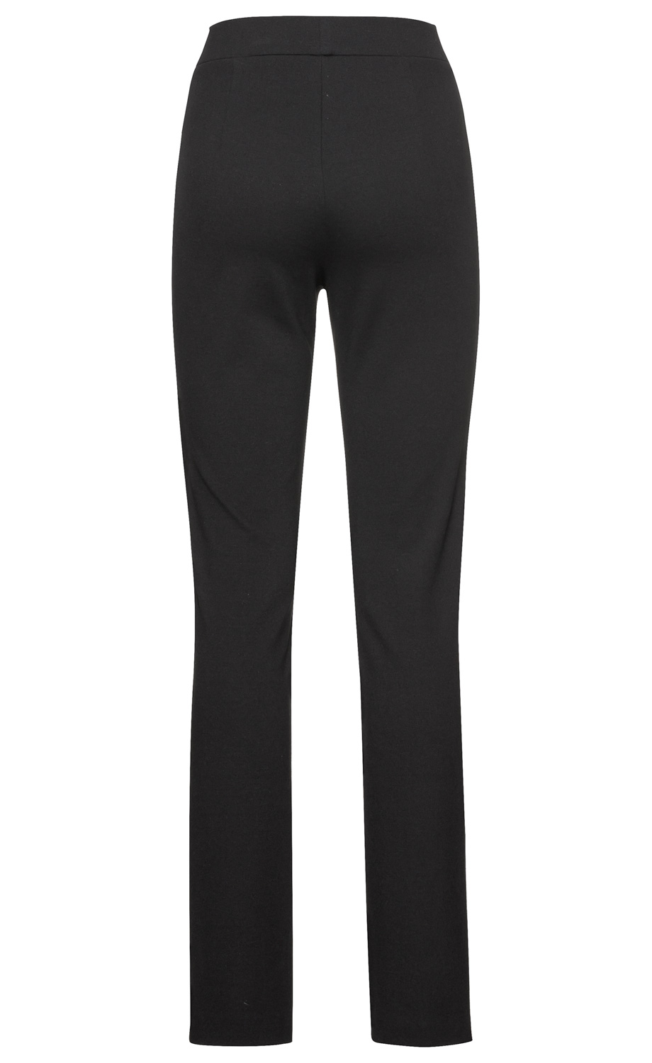 Schwarze Viskose-Mix-Hose, gerade geschnitten, ohne sichtbare Taschen, glatter Bund, Rückansicht, schmal zulaufende Beine, knöchellang, schlichtes Design