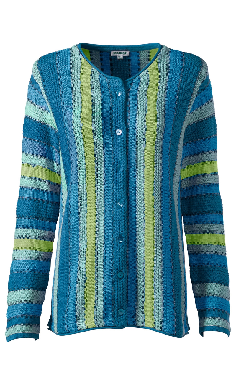 Baumwoll-Strickjacke mit Knopfleiste, langärmlig, in Blau- und Grüntönen mit vertikalen Streifen und strukturiertem Strickmuster, rundem Halsausschnitt, tailliert