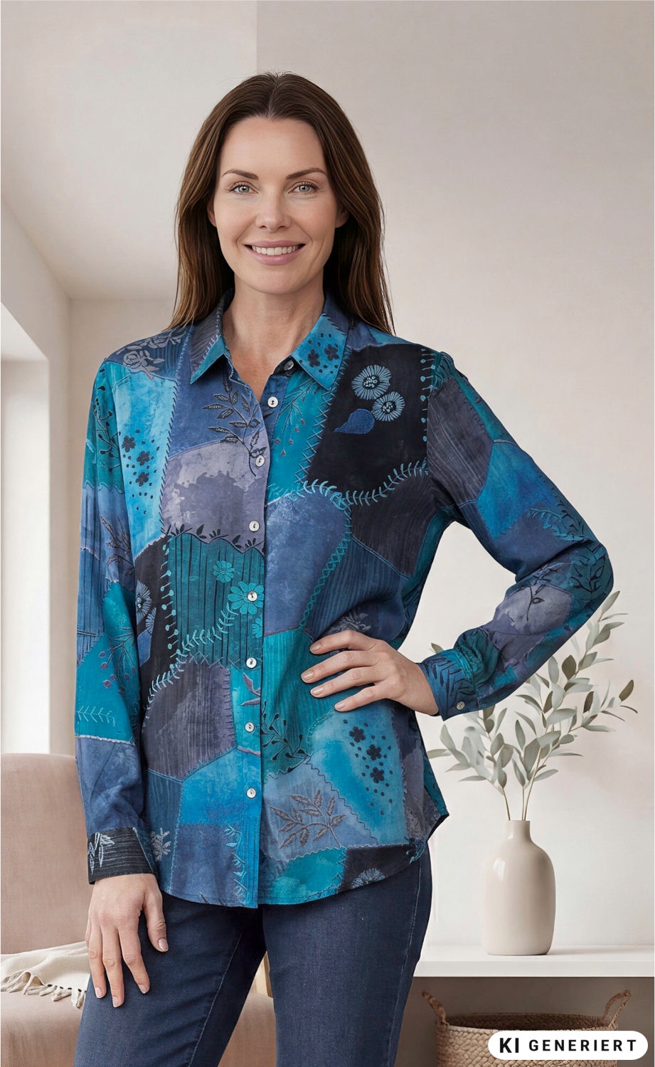 Frau trägt blau-schwarze Modal-Bluse mit Patchwork-Design und floralem Muster, langärmlig, vor neutralem Hintergrund, Hand in Hüfte, kombiniert mit dunkelblauer Jeans, Pflanzenvase im Hintergrund