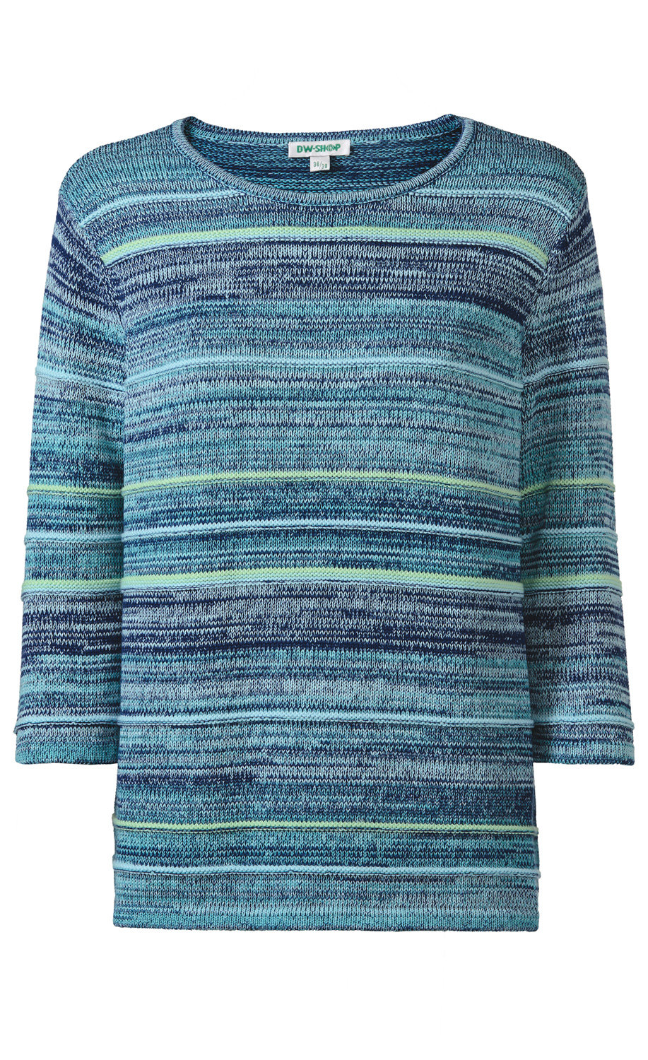Baumwoll-Pullover mit Rundhalsausschnitt und 3/4-Ärmeln, gestrickt in melierten Blautönen mit hellgrünen und dunkelblauen Querstreifen, gerader Saum, Größenetikett sichtbar