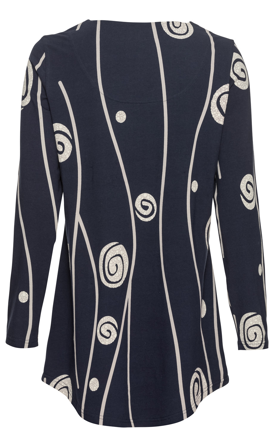 Dunkelblaues Baumwoll-Mix-Shirt mit langen Ärmeln, Rückansicht, verziert mit hellen, vertikalen Linien und Spiralmustern, locker geschnittenes, leicht ausgestelltes Design