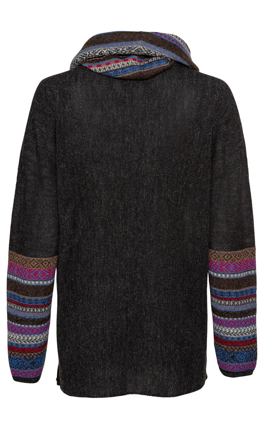 Dunkelgrauer Alpaka-Pullover von hinten mit Kapuze und bunten, gemusterten Ärmeln in Blau, Rot, Braun und Grau, locker geschnitten.