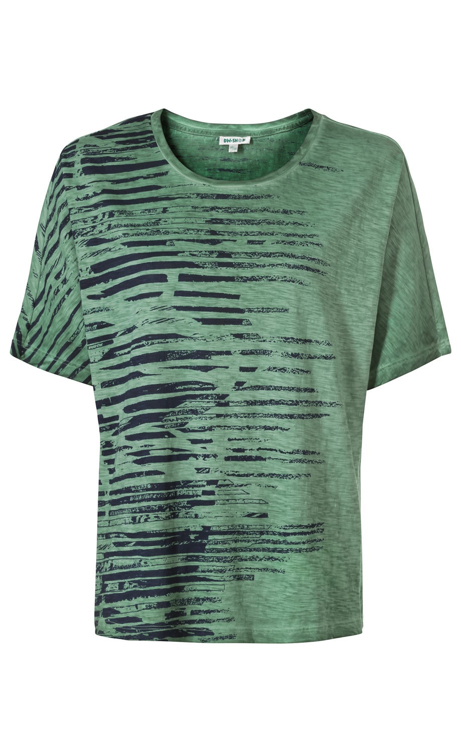 grünes Baumwoll-Shirt mit Rundhalsausschnitt und kurzem Arm, schwarze abstrakte Streifenmuster auf der linken Seite, schlichtes Design, leicht strukturierter Stoff