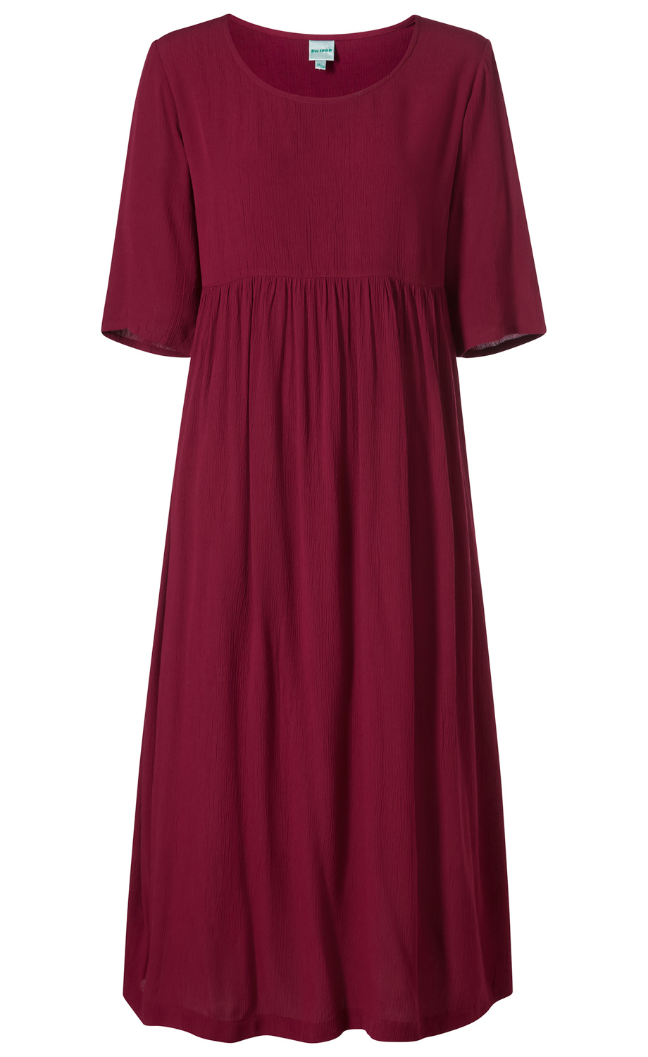Rotes Viskose-Kleid mit halblangen Ärmeln, lockerem Schnitt, rundem Ausschnitt und gerafftem Rockansatz, knielang, schlichtes Design ohne Muster oder Verzierungen.