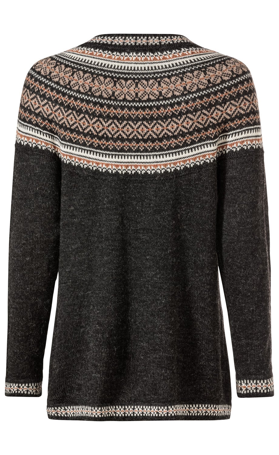 Dunkelgrauer Alpaka-Pullover mit Rundhalsausschnitt, langärmlig, mit mehrfarbigem Norweger-Muster in Beige, Weiß und Rost am oberen Brustbereich, Ärmelenden und Saum, Rückansicht
