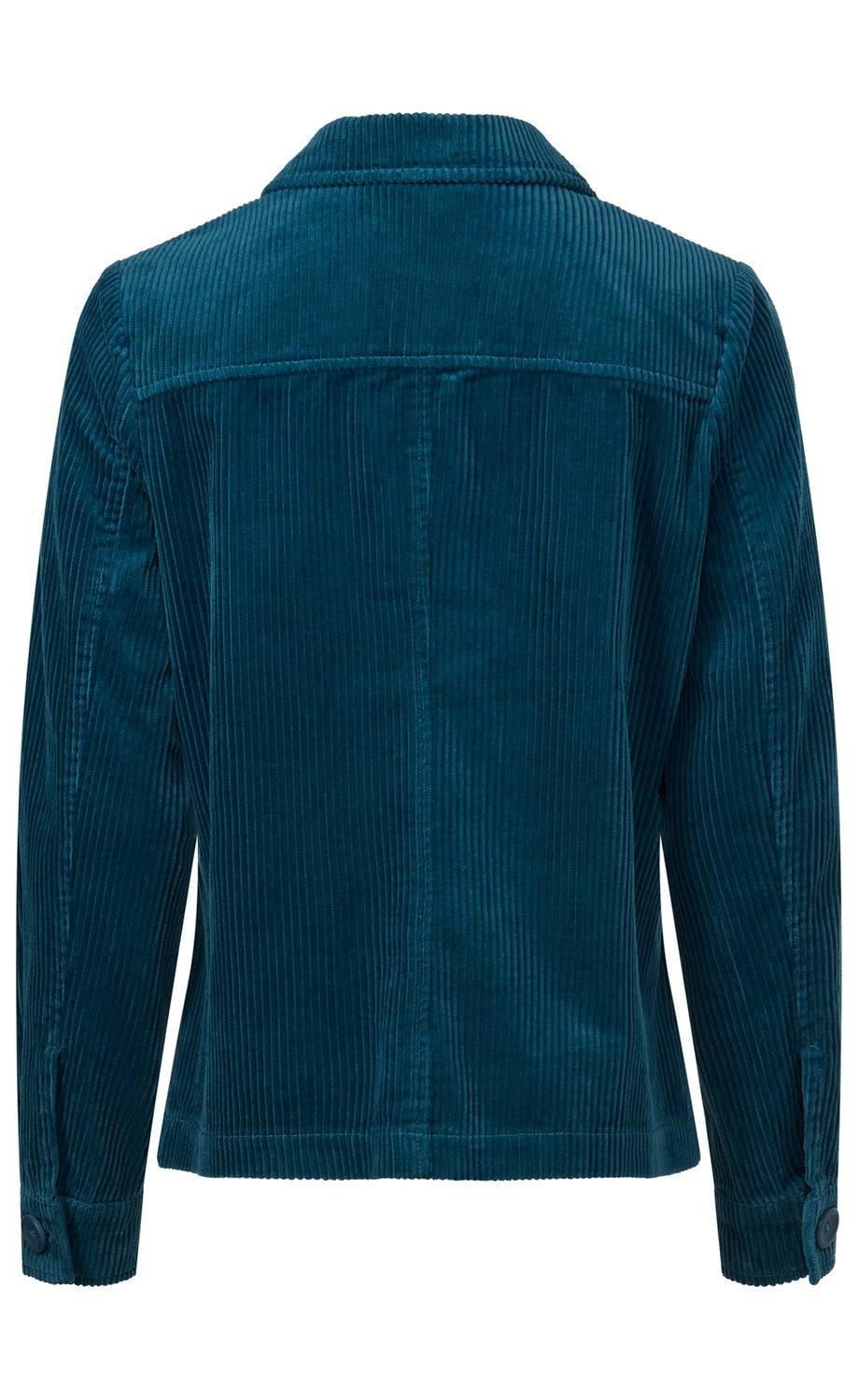 Dunkelblaue Cordjacke mit langen Ärmeln, durchgehender Rippenstruktur, Kragen und Knopfmanschetten, Rückansicht auf weißem Hintergrund