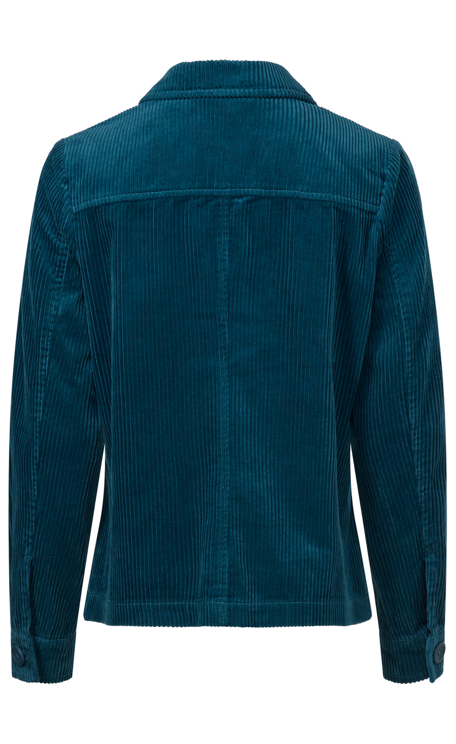 Dunkelblaue Cordjacke mit langen Ärmeln, durchgehender Rippenstruktur, Kragen und Knopfmanschetten, Rückansicht auf weißem Hintergrund