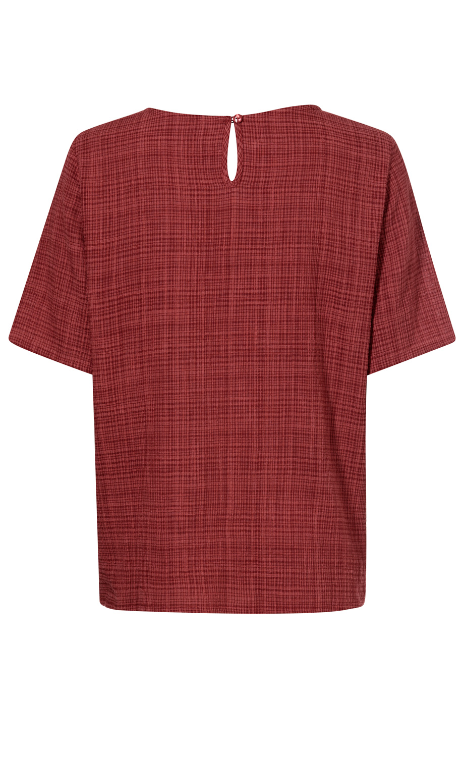 Rückansicht einer rot karierten Viskose-Mix-Bluse mit kurzem Arm, Rundhalsausschnitt und kleinem Tropfenausschnitt mit Knopfverschluss am Nacken