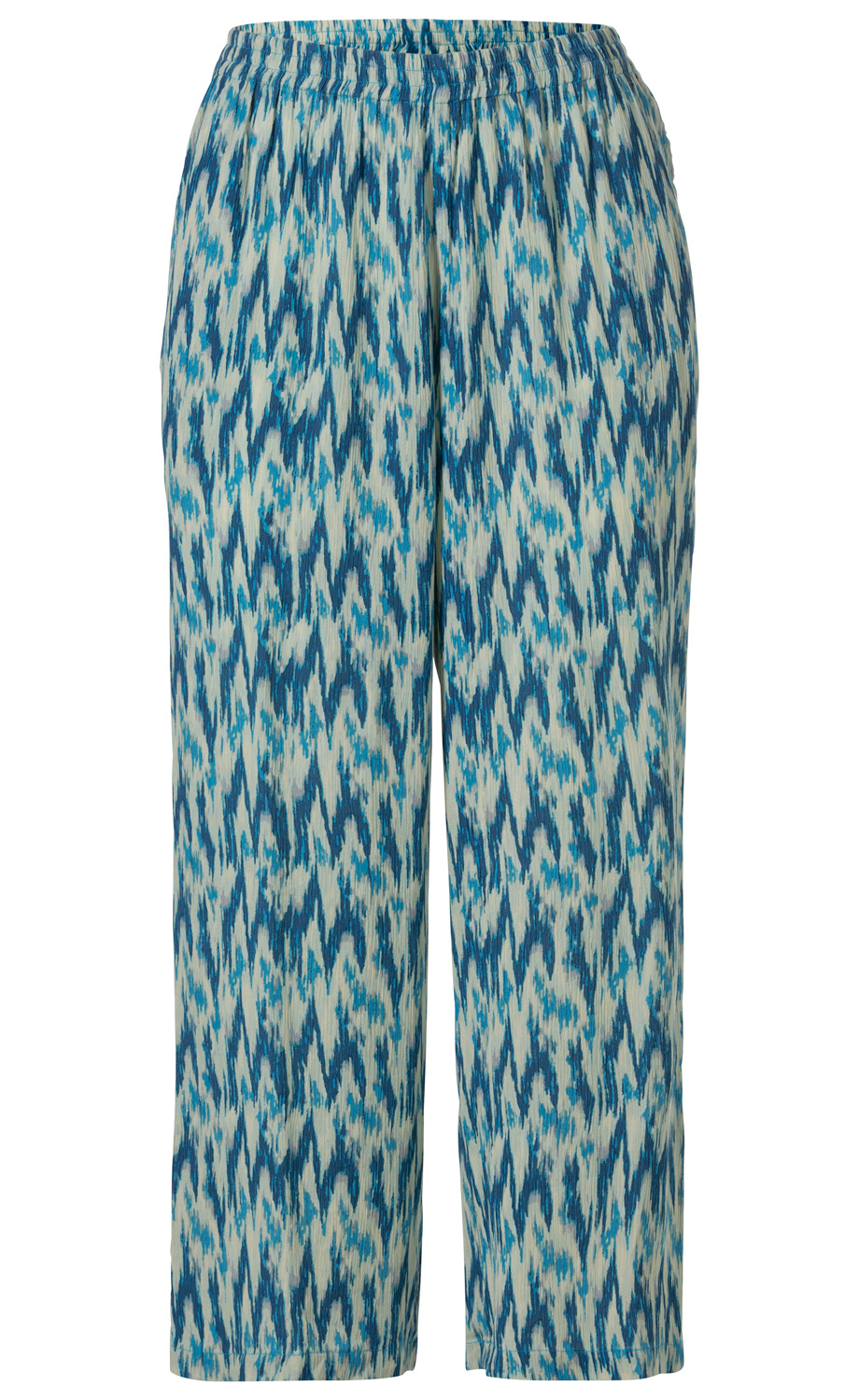Viskose-Hose mit lockerem Schnitt, elastischem Bund, aus leichtem Stoff, gemustert in verschiedenen Blautönen und Weiß, abstraktes, unregelmäßiges Design, gerade geschnitten.