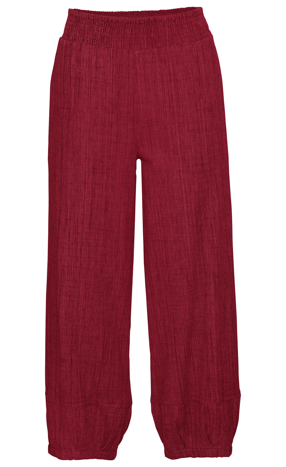 Baumwoll-Hose in dunklem Rot, locker geschnitten mit elastischem Bund und Bündchen, gerade geschnittene Beine mit leichter Struktur, weiches, atmungsaktives Material.