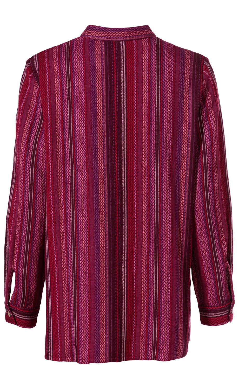 Baumwoll-Bluse mit langen Ärmeln, vertikal gestreift in Rot-, Pink- und Violetttönen, feine Zickzack-Muster in den Streifen, Rückenansicht, Hemdkragen, Knopfleiste an den Manschetten