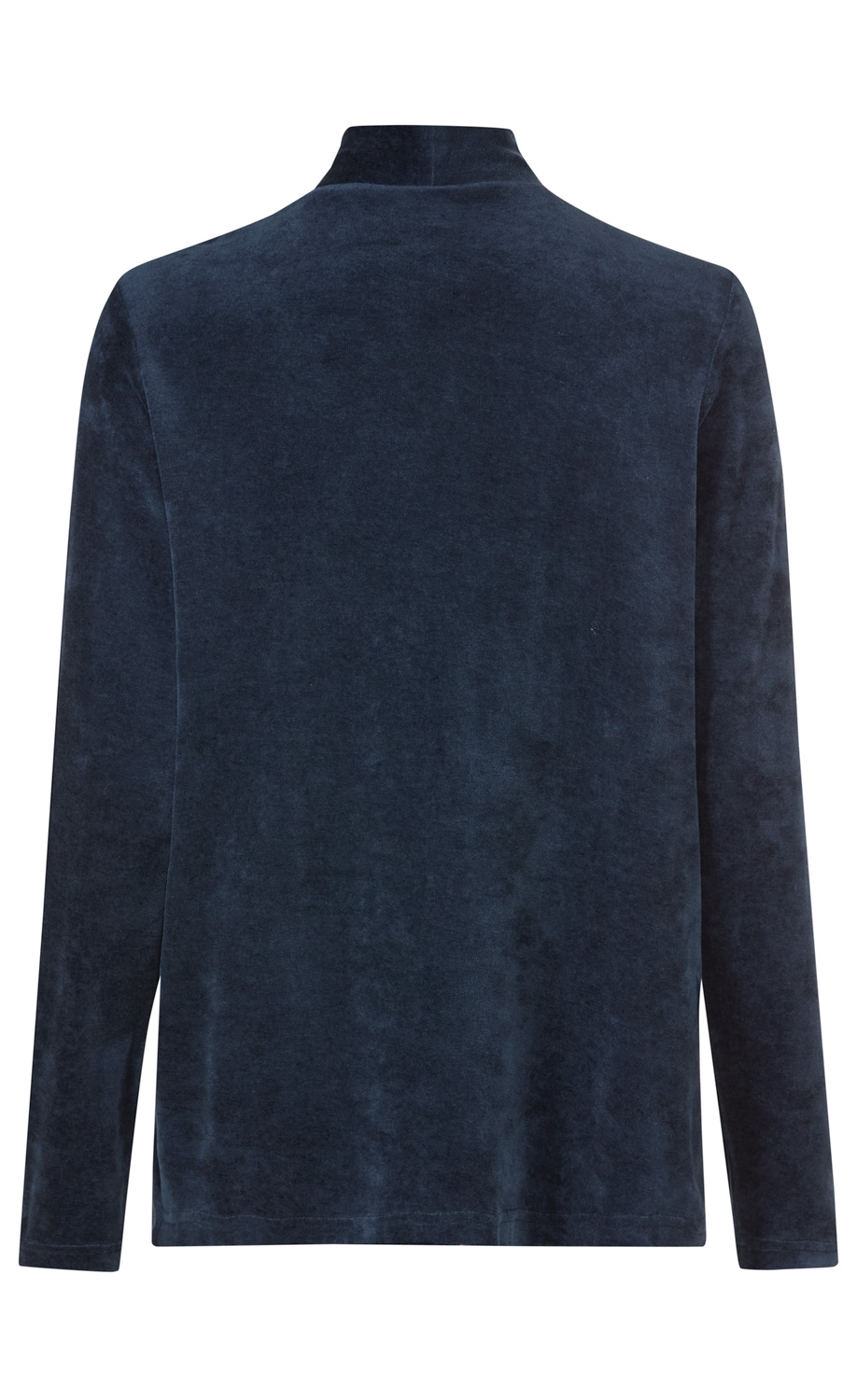 Rückansicht einer dunkelblauen Viskose-Mix-Jacke mit langem Arm und Stehkragen, schlicht ohne Muster oder Verzierungen, in normaler Passform.