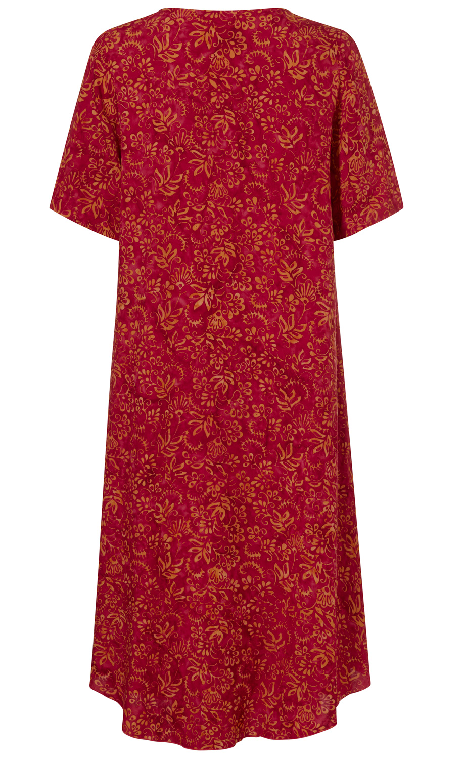 Rückansicht eines knielangen Viskose-Kleids mit kurzen Ärmeln, rot mit gelb-goldfarbenem floralen Muster, locker fallende Passform, abgerundeter Saumabschluss
