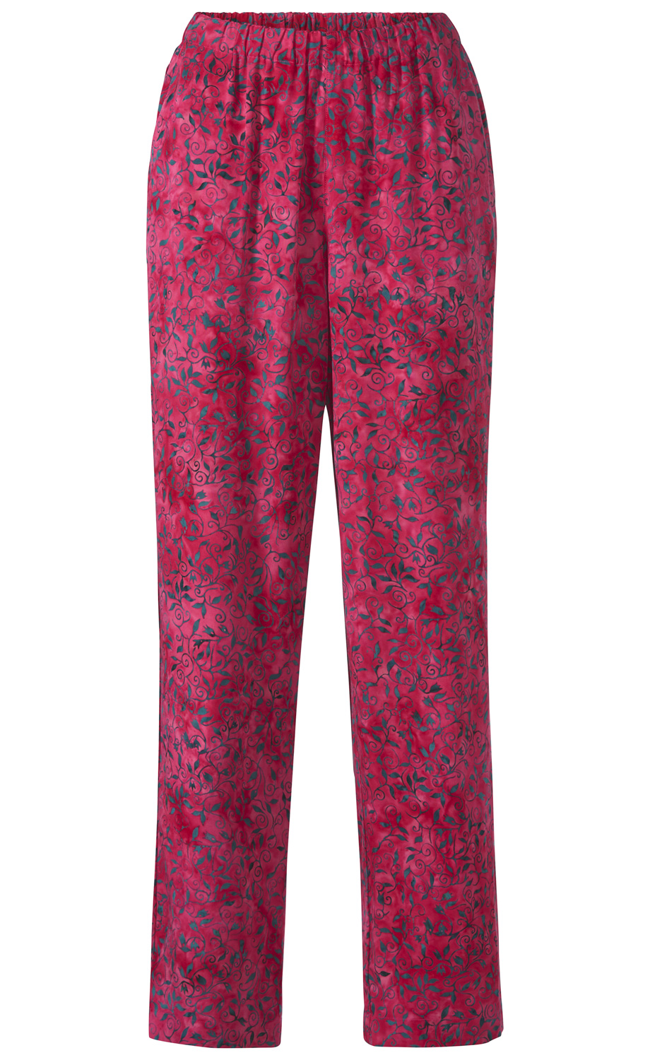 Rote Viskose-Hose mit elastischem Bund, geradem Schnitt und dunkelgrünem floralen Muster, leichte glatte Stoffstruktur, Damenhose