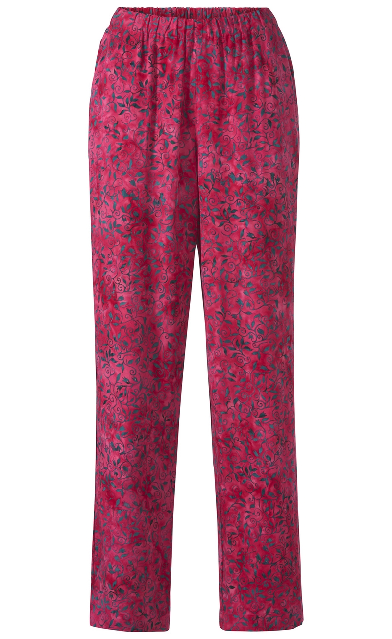 Rote Viskose-Hose mit elastischem Bund, geradem Schnitt und dunkelgrünem floralen Muster, leichte glatte Stoffstruktur, Damenhose
