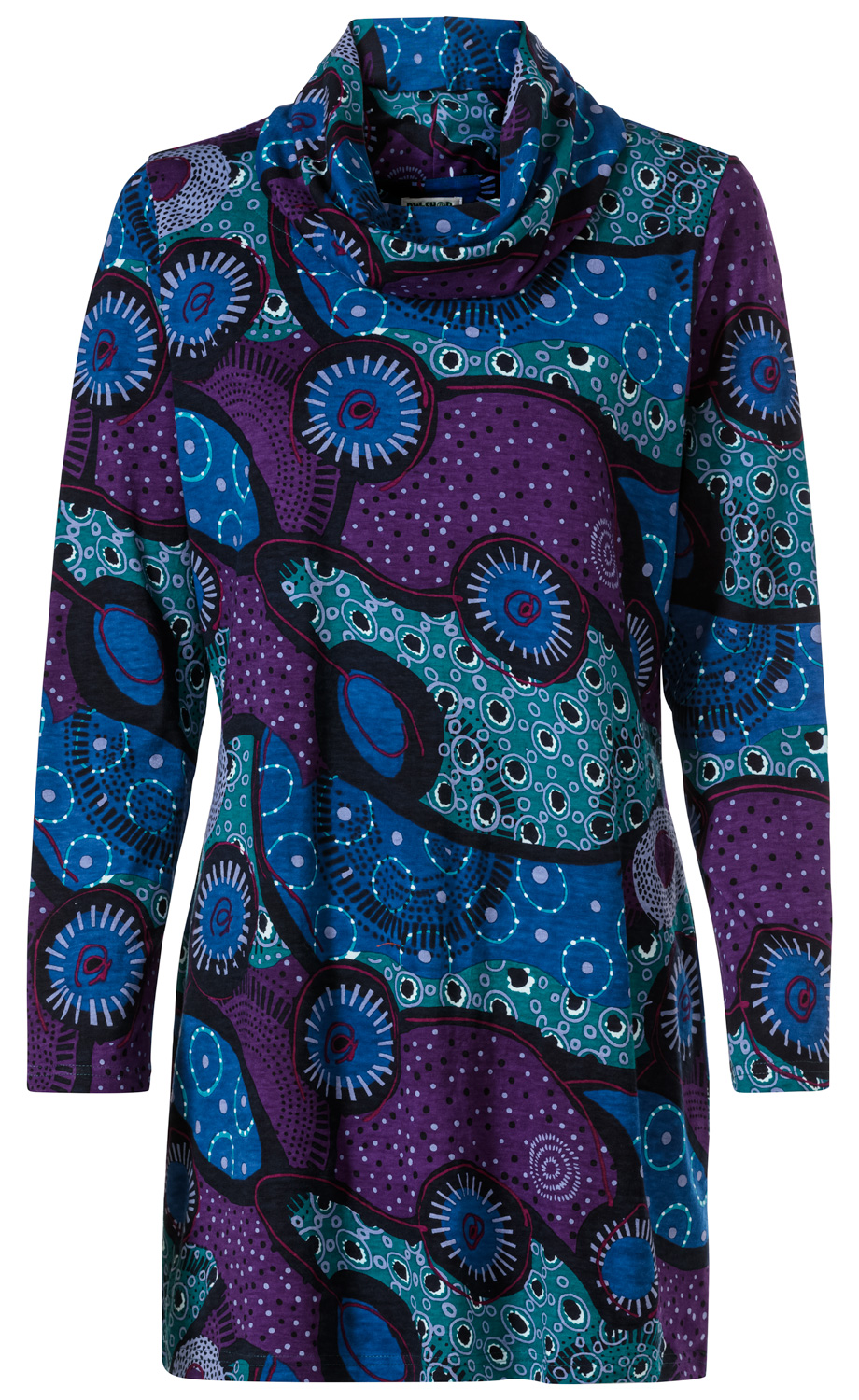 Baumwoll-Mix Shirt mit langem Arm, weitem Rollkragen, in Blau, Violett, Grün mit abstraktem Muster aus Kreisen, Punkten und Linien, gerade geschnitten.