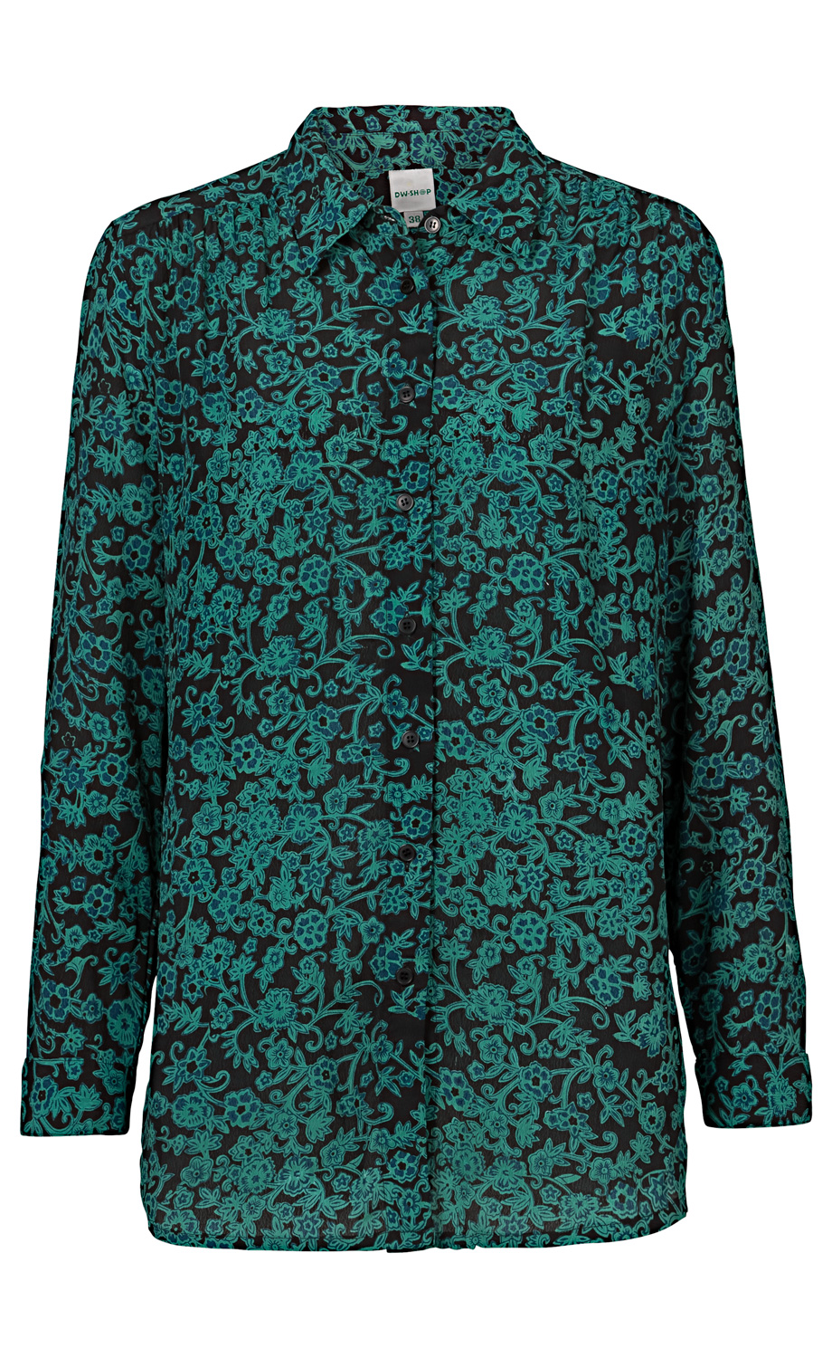 schwarze Bluse mit langem Arm und Kragen, blau-grünes florales Muster, Knopfleiste vorne, leicht transparenter Stoff