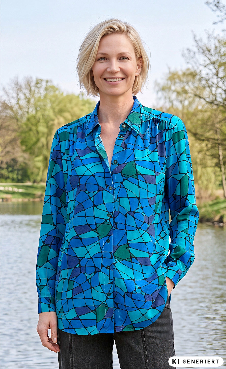 Frau mit kurzen blonden Haaren trägt eine blau-grüne Viskose-Bluse mit abstraktem Muster, lächelt, steht vor einem See, im Hintergrund Bäume und blauer Himmel, linke Hand in Hosentasche, rechte Hand locker vor dem Körper